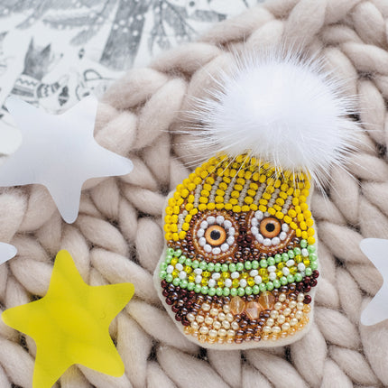 Beadwork kit for creating brooch "Owl Kuzya"