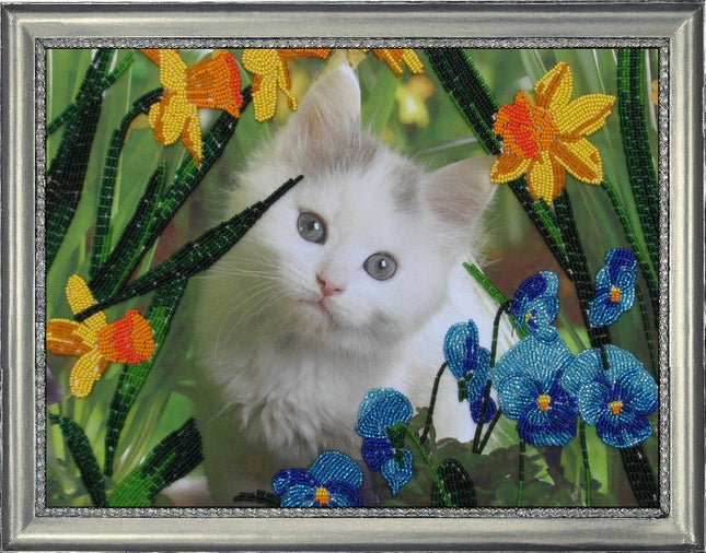 DIY Bead Embroidery Kit "Kitty in the Flowers" 9.8"x13.0" / 25.0x33.0 cm