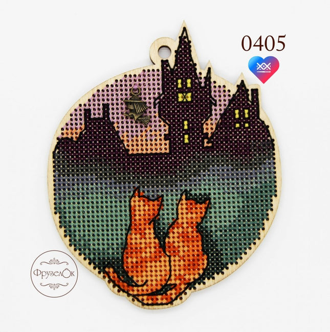 DIY Cross stitch kit on wood "Kittens" 3.5x4.3 in / 9.0x11.0 cm