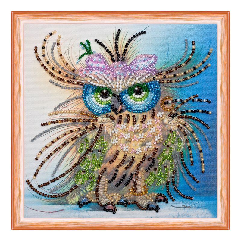 DIY Bead Embroidery Kit "Owl and bow"  5.9"x5.9" / 15.0x15.0 cm