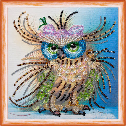 DIY Bead Embroidery Kit "Owl and bow"  5.9"x5.9" / 15.0x15.0 cm