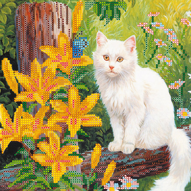 Canvas for bead embroidery "White cat" 7.9"x7.9" / 20.0x20.0 cm