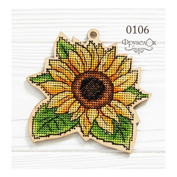 DIY Cross stitch kit on wood "Sunflower" 3.7x3.7 in / 9.5x9.5 cm