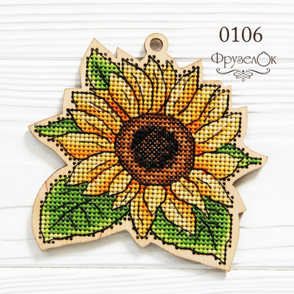 DIY Cross stitch kit on wood "Sunflower" 3.7x3.7 in / 9.5x9.5 cm