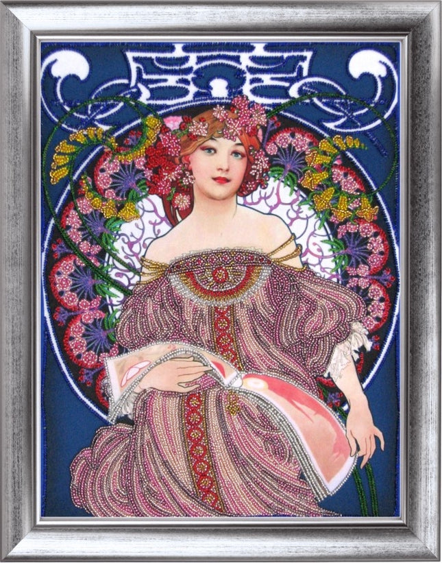 DIY Bead Embroidery Kit "Champenois Imprimeur Editeur (after A. Mucha)" 14.2"x10.6" / 36.0x27.0 cm
