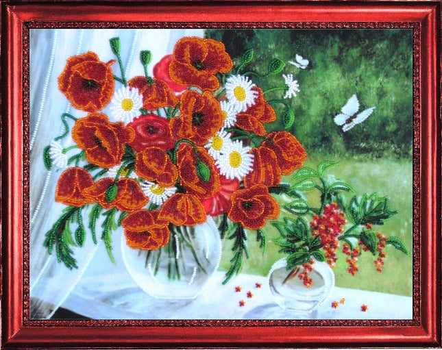 DIY Bead Embroidery Kit "Poppies and Red Currant (after O. Vorobyova)" 10.2"x13.4" / 26.0x34.0 cm