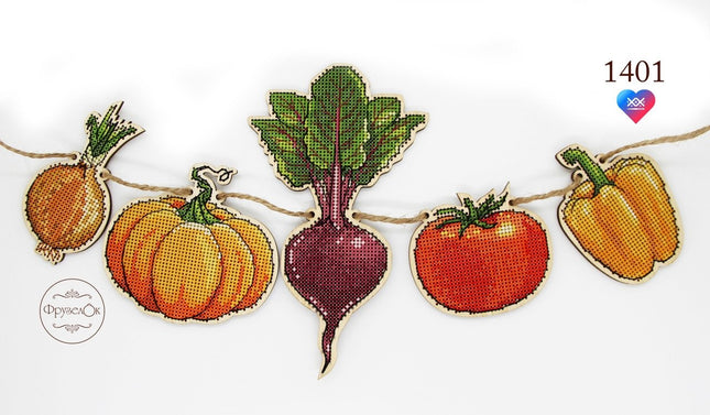 DIY Cross stitch kit on wood "Vegetables" 6.5x3.7 in, 2.0x3.5 in / 16.5x9.5 cm, 5.0x9.0 cm