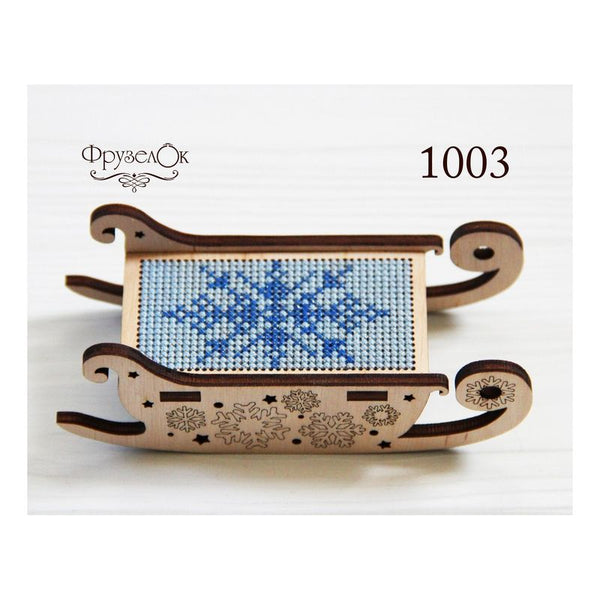 DIY Cross stitch kit on wood "Sleigh" 3.0x1.6 in / 7.5x4.0 cm