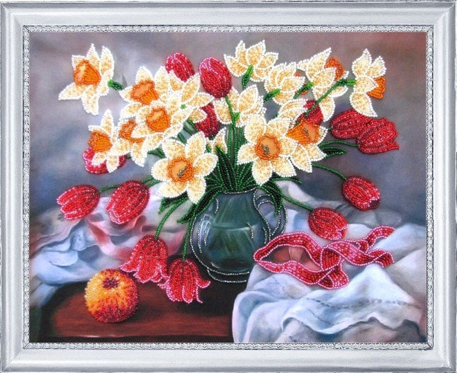 DIY Bead Embroidery Kit "Vase with Daffodils" 10.6"x13.4" / 27.0x34.0 cm