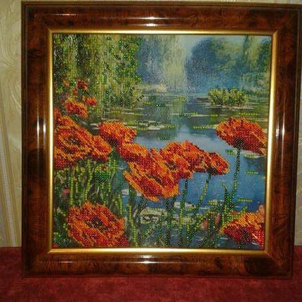 Canvas for bead embroidery "Poppy’s by the Lake" 7.9"x7.9" / 20.0x20.0 cm