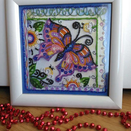 DIY Bead Embroidery Kit "Butterfly in flowers"  5.9"x5.9" / 15.0x15.0 cm