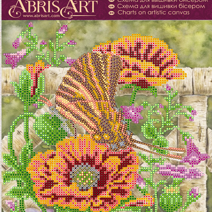 Canvas for bead embroidery "Batterfly and poppies" 7.9"x7.9" / 20.0x20.0 cm
