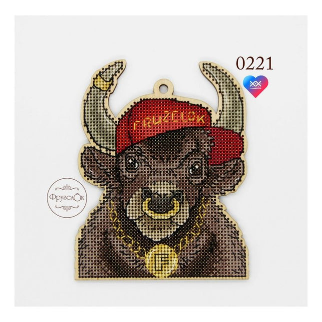 DIY Cross stitch kit on wood "Bull" 3.9x4.9 in / 10.0x12.5 cm