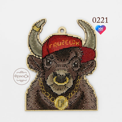 DIY Cross stitch kit on wood "Bull" 3.9x4.9 in / 10.0x12.5 cm