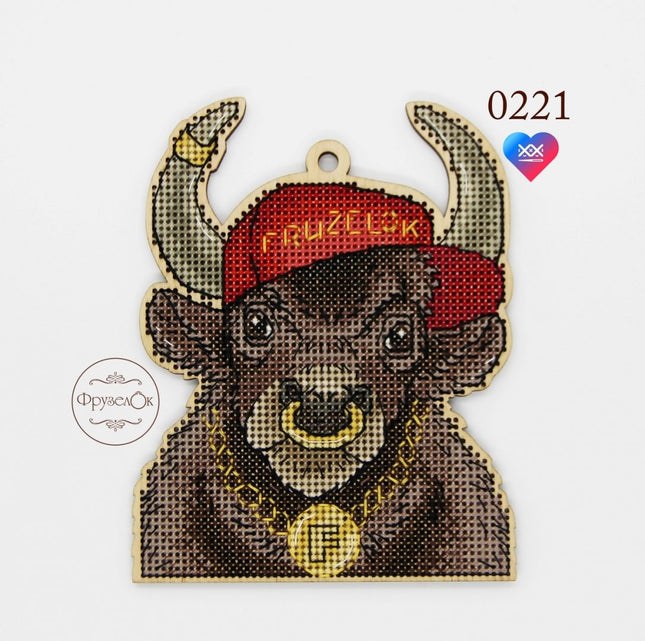DIY Cross stitch kit on wood "Bull" 3.9x4.9 in / 10.0x12.5 cm