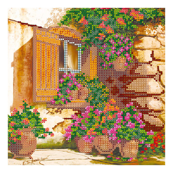 Canvas for bead embroidery "Window with hydrangeas" 7.9"x7.9" / 20.0x20.0 cm