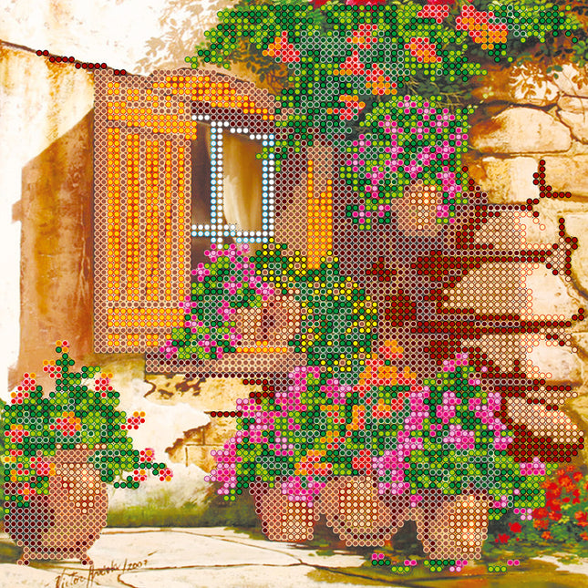 Canvas for bead embroidery "Window with hydrangeas" 7.9"x7.9" / 20.0x20.0 cm