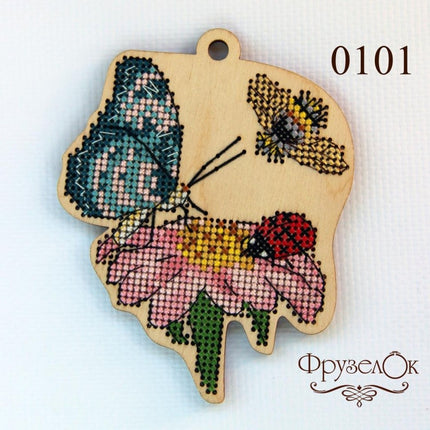 DIY Cross stitch kit on wood "Pyrethrum" 4.4x3.5 in / 11.3x9.0 cm