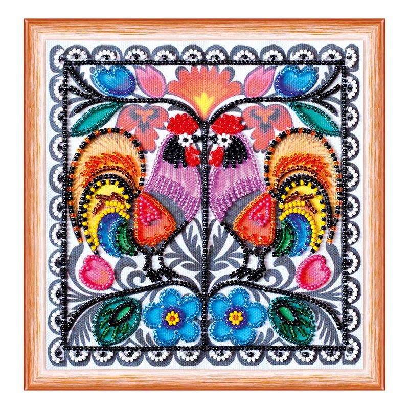 DIY Bead Embroidery Kit "Two cockerels"  5.9"x5.9" / 15.0x15.0 cm