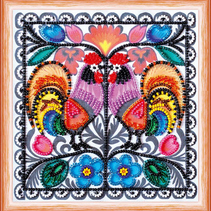 DIY Bead Embroidery Kit "Two cockerels"  5.9"x5.9" / 15.0x15.0 cm
