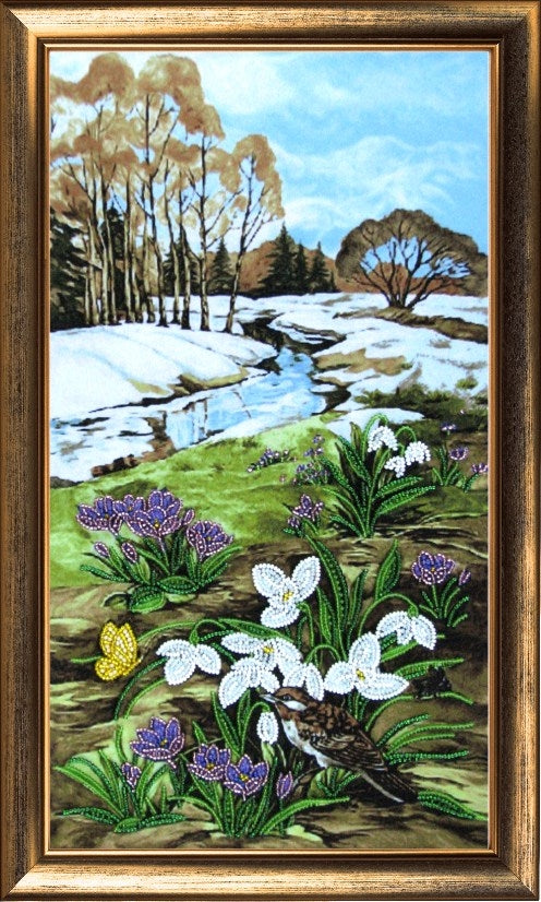 DIY Bead Embroidery Kit "Spring. Snowdrops" 15.4"x8.7" / 39.0x22.0 cm