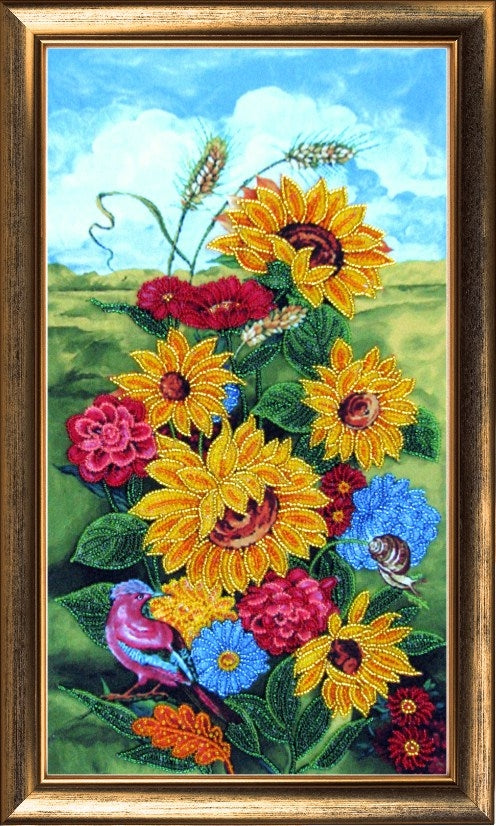 DIY Bead Embroidery Kit "Autumn. Sunflowers" 15.4"x8.7" / 39.0x22.0 cm