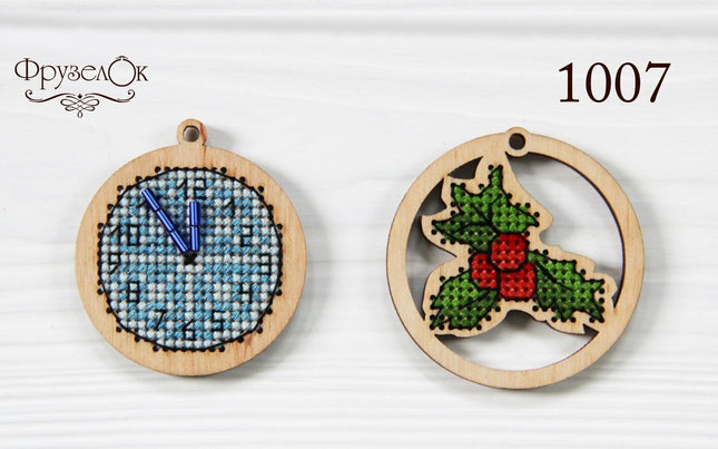 DIY Cross stitch kit on wood "Decoration" D 2.0 in / D 5.0 cm