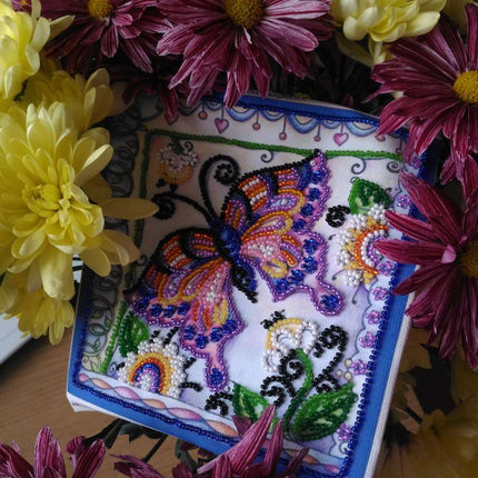 DIY Bead Embroidery Kit "Butterfly in flowers"  5.9"x5.9" / 15.0x15.0 cm
