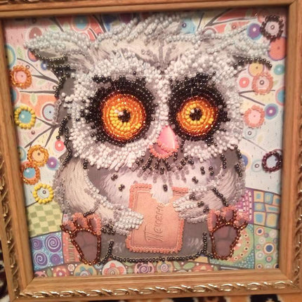 DIY Bead Embroidery Kit "Owl and cookies"  5.9"x5.9" / 15.0x15.0 cm