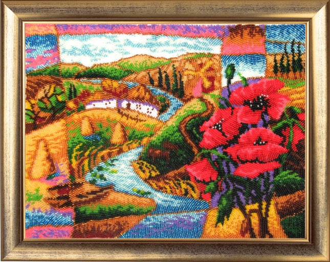 Bead DIY Embroidery Kit "Country Landscape. Poppies" 9.8"x13.0"/ 25.0x33.0 cm