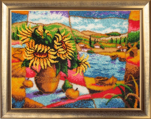 Bead DIY Embroidery Kit "Country Landscape. Sunflowers" 9.8"x13.4"/ 25.0x34.0 cm