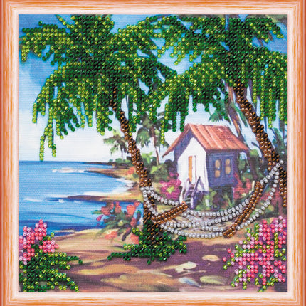 DIY Bead Embroidery Kit "Hut by the sea"  5.9"x5.9" / 15.0x15.0 cm
