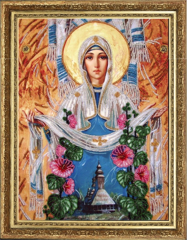 DIY Bead Embroidery Kit "The Most Holy Theotokos with Cover (after O. Okhapkin)" 13.8"x10.2" / 35.0x26.0 cm