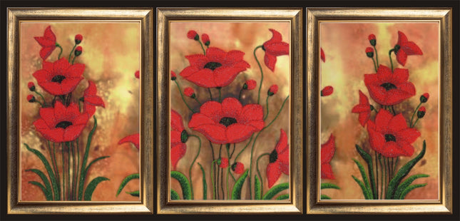 DIY Bead Embroidery Kit "Poppy Tryptych" 14.6"x9.8" / 37.0x25.0 cm