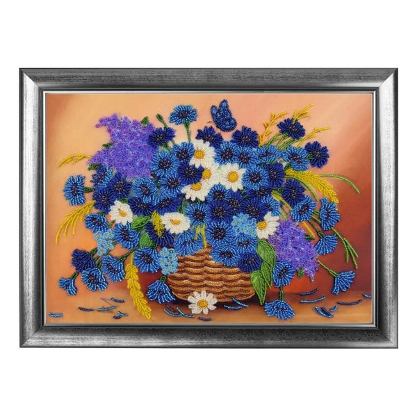 DIY Bead Embroidery Kit "Basket with Cornflowers" 9.8"x14.2" / 25.0x36.0 cm