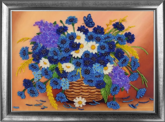 DIY Bead Embroidery Kit "Basket with Cornflowers" 9.8"x14.2" / 25.0x36.0 cm