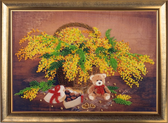 DIY Bead Embroidery Kit "Basket with Mimosa" 10.2"x14.2" / 26.0x36.0 cm