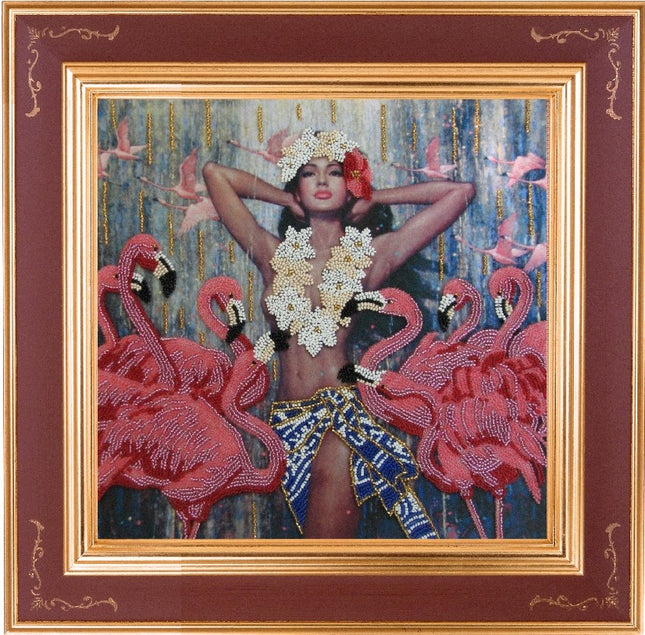 DIY Bead Embroidery Kit "Flamingo Dance" 10.6"x11.0" / 27.0x28.0 cm