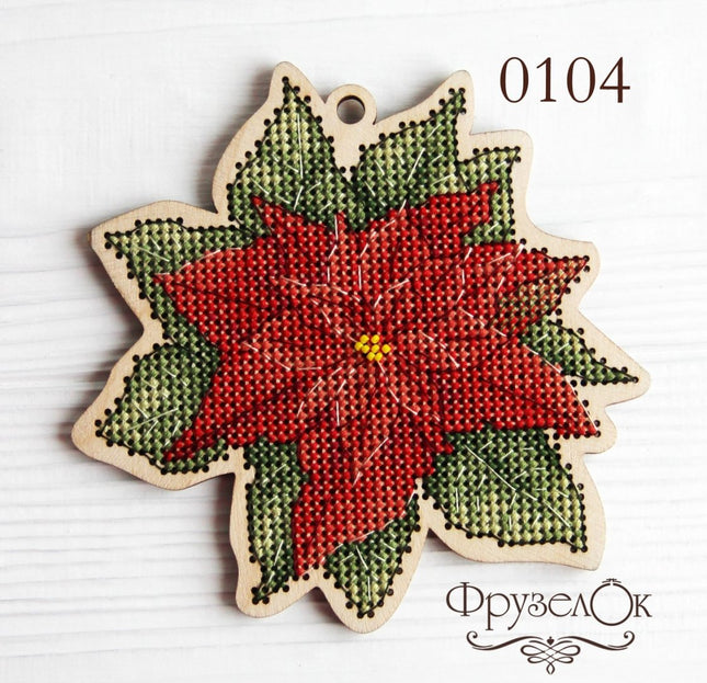 DIY Cross stitch kit on wood "Poinsettia" 4.3x3.9 in / 11.0x10.0 cm