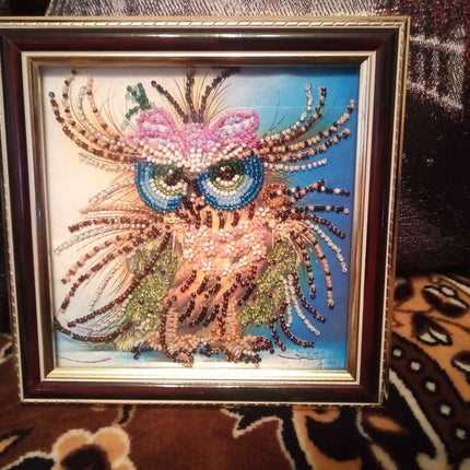 DIY Bead Embroidery Kit "Owl and bow"  5.9"x5.9" / 15.0x15.0 cm