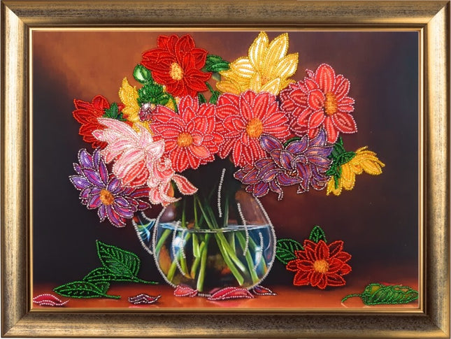 DIY Bead Embroidery Kit "Bouquet of Dahlias" 9.8"x13.8" / 25.0x35.0 cm