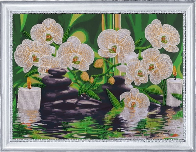 DIY Bead Embroidery Kit "White Orchids" 10.2"x13.8" / 26.0x35.0 cm
