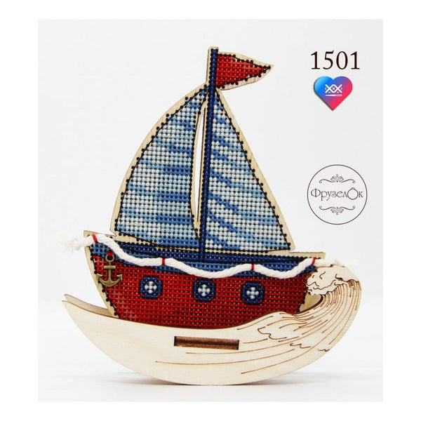 DIY Cross stitch kit on wood "Sailboat" 4.5x3.9 in / 11.5x10.0 cm