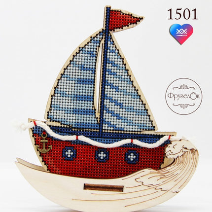 DIY Cross stitch kit on wood "Sailboat" 4.5x3.9 in / 11.5x10.0 cm