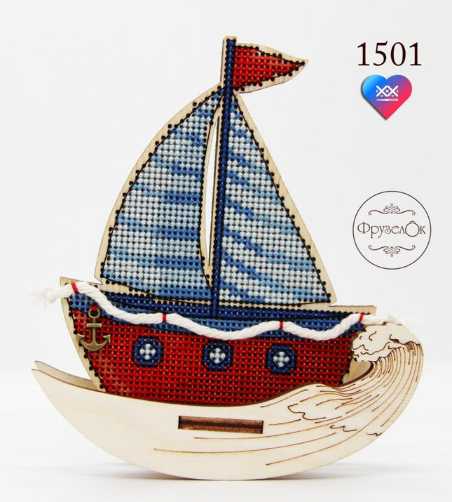 DIY Cross stitch kit on wood "Sailboat" 4.5x3.9 in / 11.5x10.0 cm
