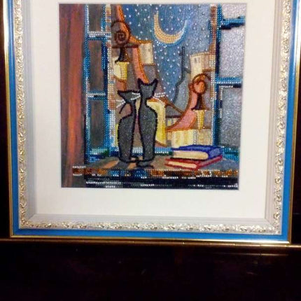 Canvas for bead embroidery "Cats at window" 7.9"x7.9" / 20.0x20.0 cm