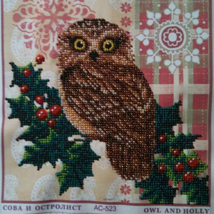 Canvas for bead embroidery "Owl and holly" 7.9"x7.9" / 20.0x20.0 cm