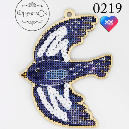 DIY Cross stitch kit on wood "Blue bird" 3.9x4.9 in / 10.0x12.5 cm