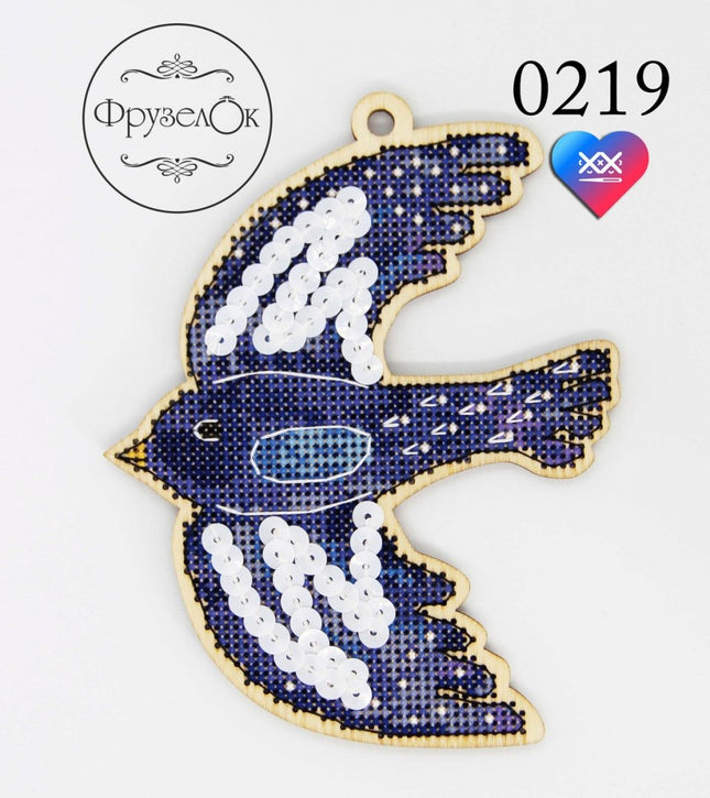 DIY Cross stitch kit on wood "Blue bird" 3.9x4.9 in / 10.0x12.5 cm