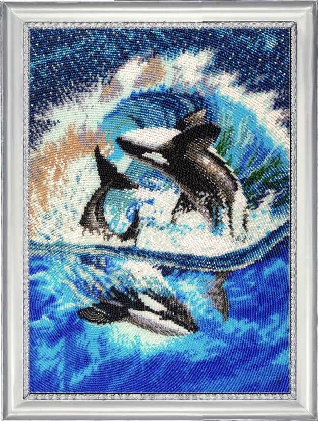 DIY Bead Embroidery Kit "Orcas" 14.2"x10.2" / 36.0x26.0 cm